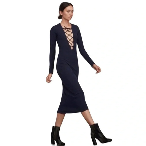 Reformation Edison Lace Up Rib Knit Midi Dress NAVY Blue Size XS - Picture 5 of 13